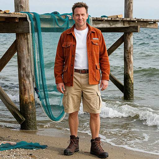 Photograph of a middle-aged man with short brown hair, wearing an orange jacket, white shirt, beige shorts, and brown boots, standing on a