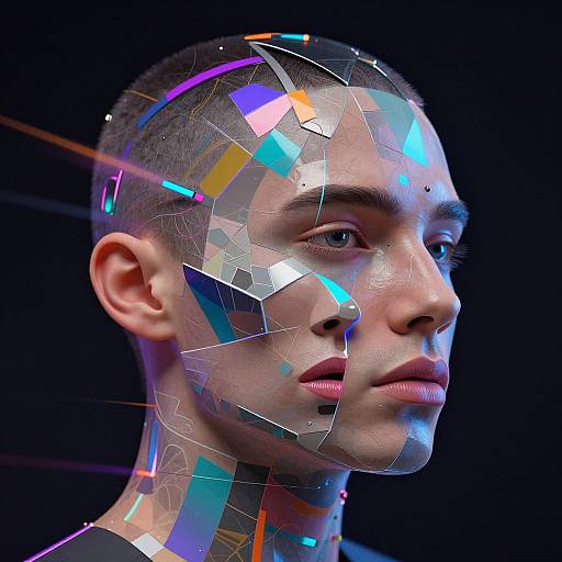 Digital artwork of a young man with a short buzz cut, face covered in colorful, reflective geometric shards against a dark background.