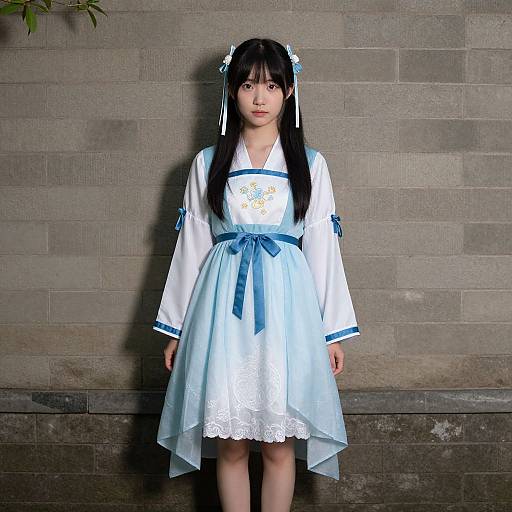 Photograph of an Asian girl with long black hair, wearing a white and blue hanbok dress with lace trim, blue ribbon, and hair ornaments