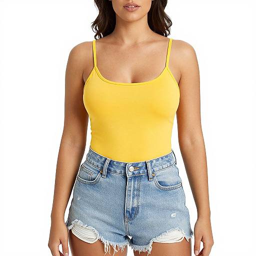 Photograph of a woman with light brown skin, wearing a yellow tank top and frayed blue denim shorts, standing against a white background.