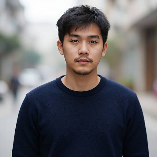 Photograph of an Asian man with short black hair and a mustache, wearing a black sweater, standing in a blurred urban street.