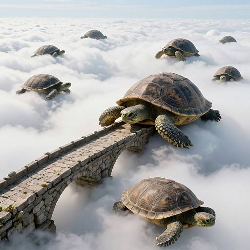 Digital illustration of giant turtles crossing a stone bridge through fluffy white clouds, creating an ethereal, dreamlike atmosphere.