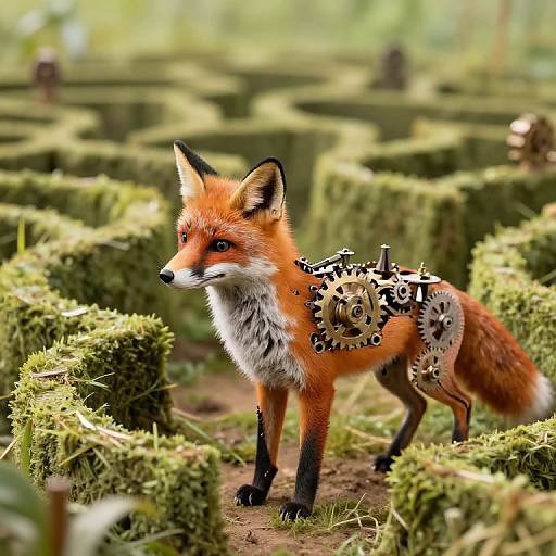 Photograph of a red fox with intricate clock gear patterns on its side, standing amidst lush green topiary hedges in a sunlit garden.