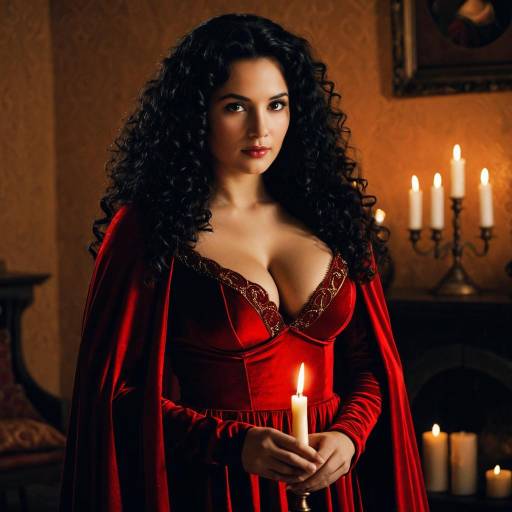 Woman in Red Dress Holding Candle Indoors