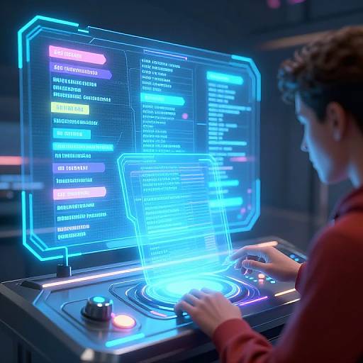 Photorealistic CGI of a curly-haired person in a red sweater operating a futuristic holographic control panel with glowing blue code.