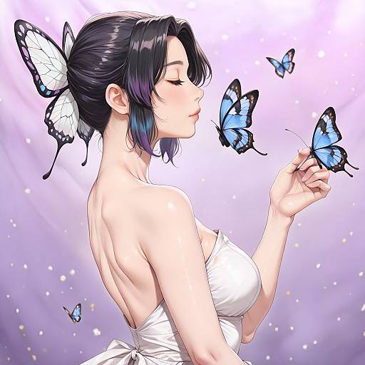 Digital anime-style drawing of a black-haired woman with white butterfly hairpiece, wearing a strapless white dress, gently interacting with blue butterflies against a purple