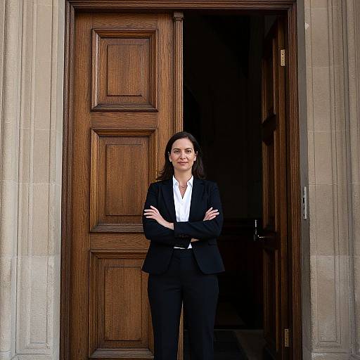 Photograph of a serious, dark-haired woman in black suit and white shirt, standing with arms crossed, in front of an open wooden door, in