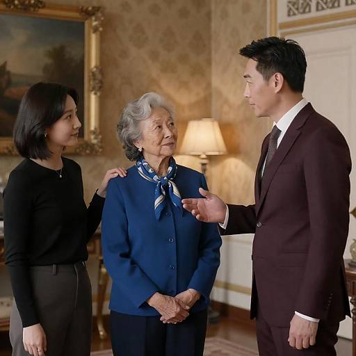 Three People in Ornate Patterned Room