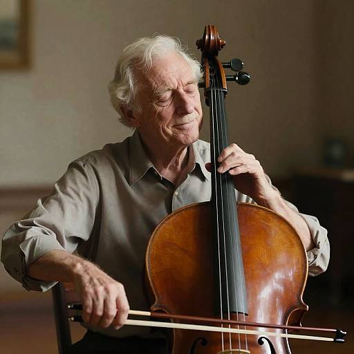 Photograph of an elderly man with white hair, wearing a brown shirt, playing a wooden cello with a focused expression.
