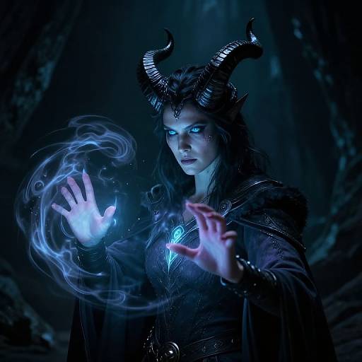 Digital artwork of a blue-eyed, dark-haired demon woman with black horns, glowing blue hands, and ethereal smoke, casting a spell in a dark