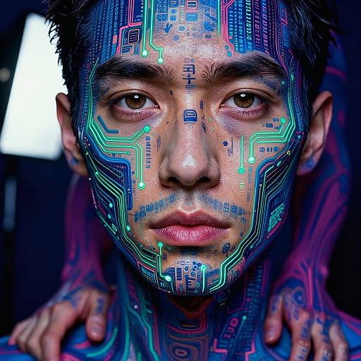 Photograph of a young man with electronic circuit patterns painted on his face, glowing neon blue and pink, intense brown eyes, dark hair, and hands