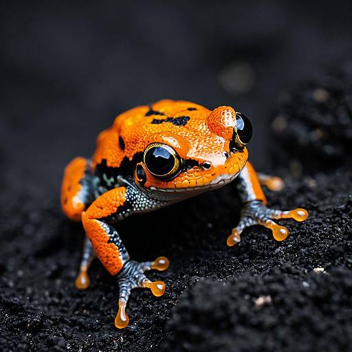 Close-up of Orange and Black Frog on Dark Soil