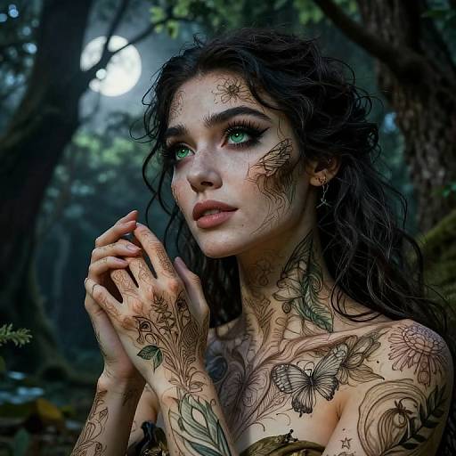 Photorealistic digital art of a tattooed, green-eyed woman with wavy dark hair, intricate insect and floral tattoos, in a misty forest