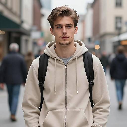 Young Man in Beige Hoodie on City Street