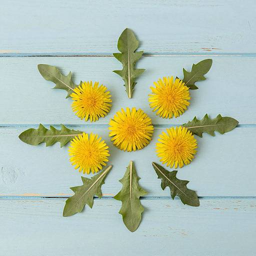 Photograph of five yellow dandelion flowers arranged in a star shape, surrounded by green oak leaves, on a light blue, weathered wooden surface