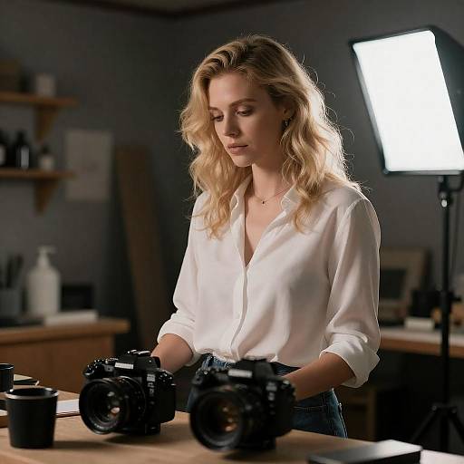 Blonde Woman in Dimly Lit Workshop