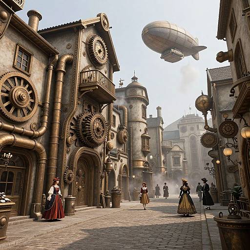 Steampunk village with clockwork buildings, airship, Victorian dresses, cobblestone street, and steam rising; a whimsical, historical fantasy