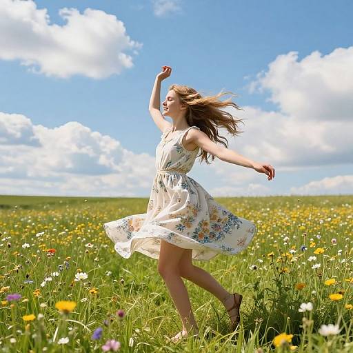 Photograph of a joyful young woman with long brown hair, wearing a white floral dress, dancing in a vibrant meadow with colorful wildflowers under a