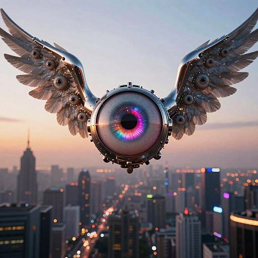 Cyberpunk Angel Over Futuristic City