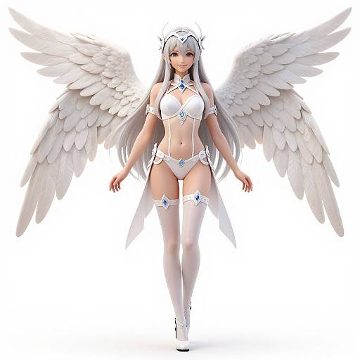 Digital illustration of a white-haired, blue-eyed angelic woman with large white wings, wearing a revealing white lingerie set with blue gems, thigh-high stockings