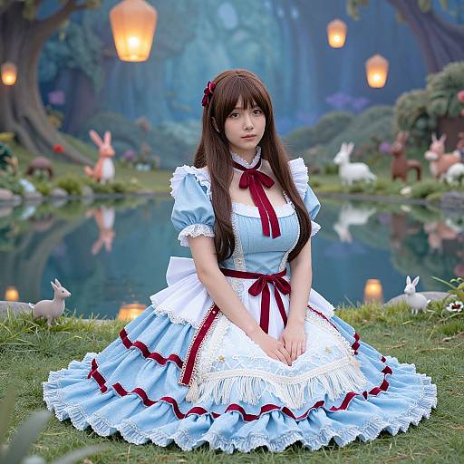 Photograph of a young Asian woman in a blue and white frilled Alice in Wonderland-style dress with red ribbons, kneeling by a glowing, lantern