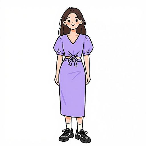 Cartoon-style digital drawing of a smiling young woman with long brown hair, wearing a lilac dress, black shoes, and white socks.