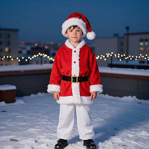 Boy in Santa Costume on Snowy Rooftop