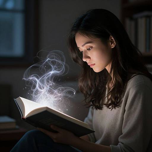 Photograph of a young woman with dark hair, wearing a gray sweater, reading a glowing book with ethereal white smoke. Dimly lit room,