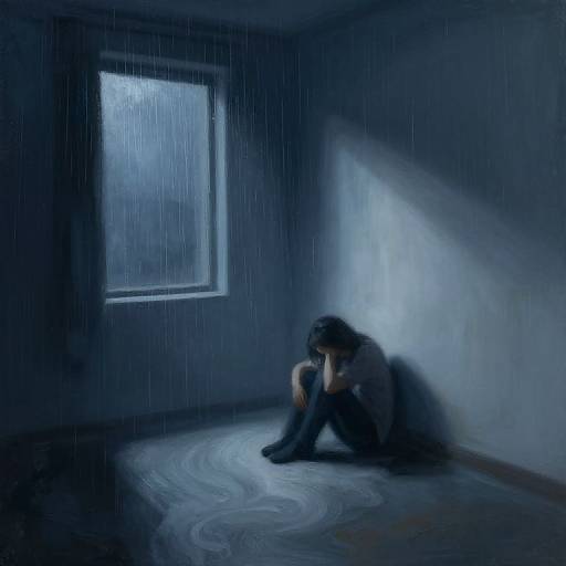 Digital painting of a sad, dark-haired person sitting alone in a dim, rain-soaked room, illuminated by a single blue-gray window.