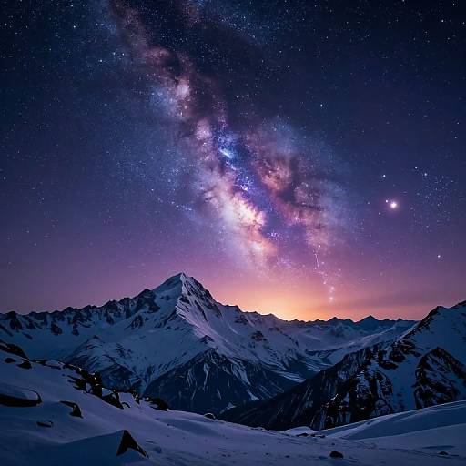 Photograph of a snow-covered mountain range under a vividly starry night sky with the Milky Way galaxy glowing brightly above.
