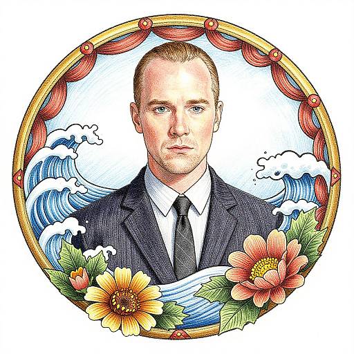 Colorful digital illustration of a serious, blonde man in a black suit and tie, framed by red curtains, ocean waves, and vibrant flowers.