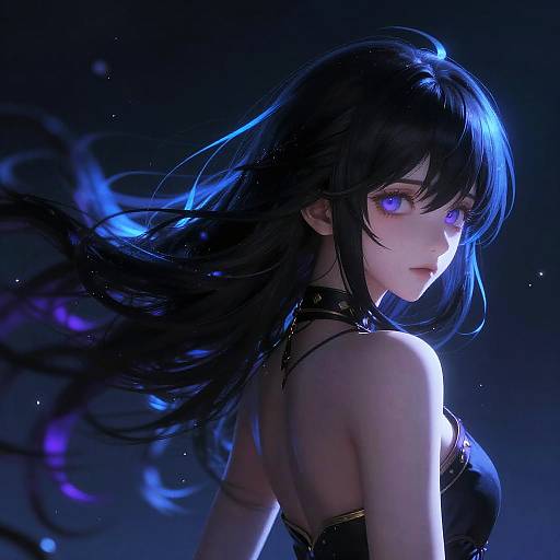 Digital anime-style portrait of a mysterious woman with long, flowing black hair, glowing purple eyes, and a dark, glowing outfit, set against a deep