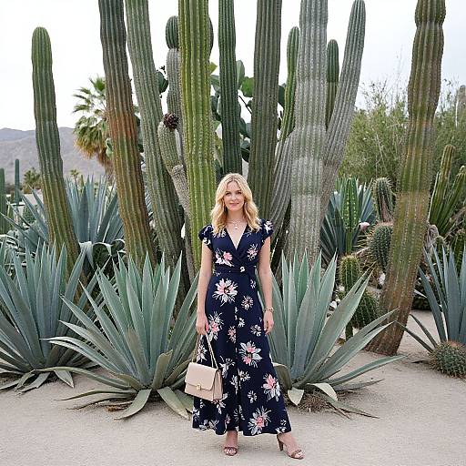 Blonde woman in a navy floral dress and beige handbag, stands confidently in front of tall cacti and agave plants. Photograph.