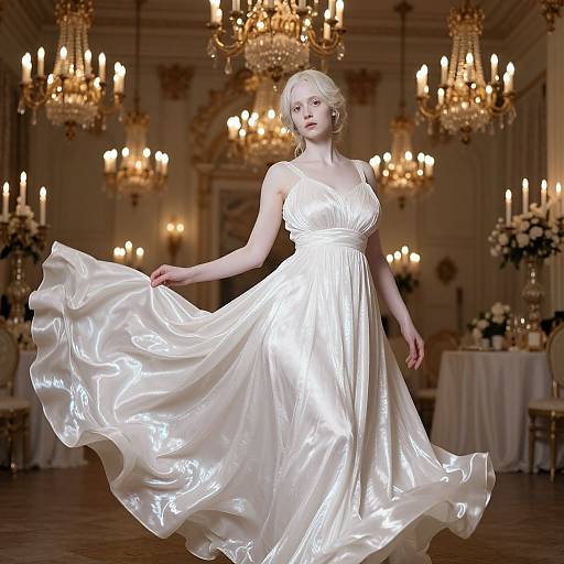 Photograph of a blonde woman in a flowing, white, satin wedding dress, standing in an opulent ballroom with multiple chandeliers and floral