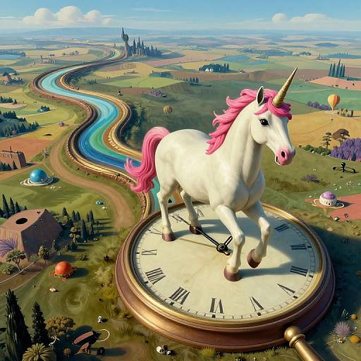 Digital art: A giant, white unicorn with pink mane and tail, standing on a clock face, overlooks a colorful, fantasy landscape with a winding