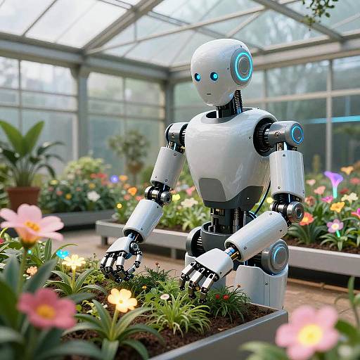Futuristic Robotic Gardener in Neon Biodome