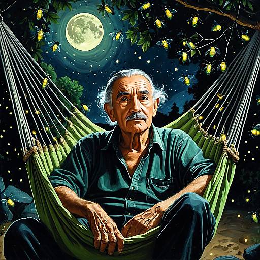 Moonlit Green-Eyed Elderly Man in Hammock