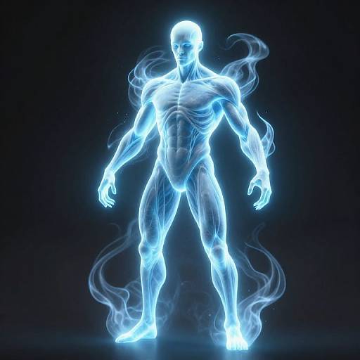 Digital artwork of a glowing, blue, muscular, ethereal human figure with smoke-like aura, standing against a dark background.