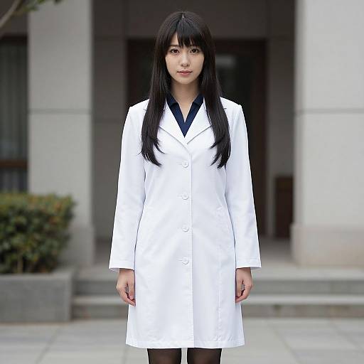 Photograph of an East Asian woman with long black hair, wearing a white lab coat with black collar, standing in front of a modern building.