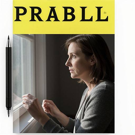 Photograph of a woman with fair skin and brown hair, wearing a gray sweater, gazing out a window, illuminated by soft light, magazine cover