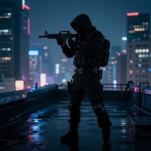 Silhouetted sniper in hooded tactical gear with rifle, standing on a wet urban rooftop at night, surrounded by neon-lit skyscrapers