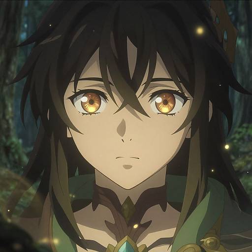 Anime-style digital drawing of a young character with large, glowing amber eyes, black hair, and a serious expression in a dark forest. Bright fireflies