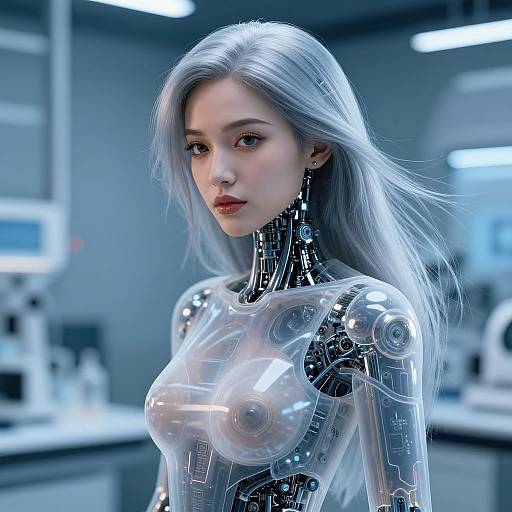 Photorealistic CGI of a silver-haired, cybernetic woman with transparent, robotic breasts in a sterile, blue-lit laboratory. Her mechanical neck