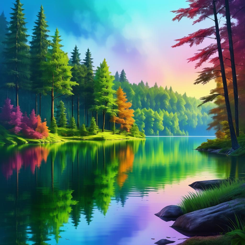 Vibrant Forest Lake Scenic Digital Art