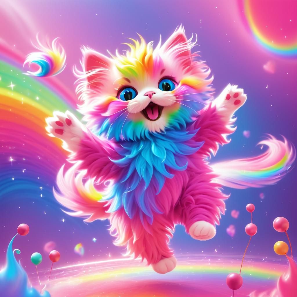 Whimsical Pink Kitten Dancing on Rainbows