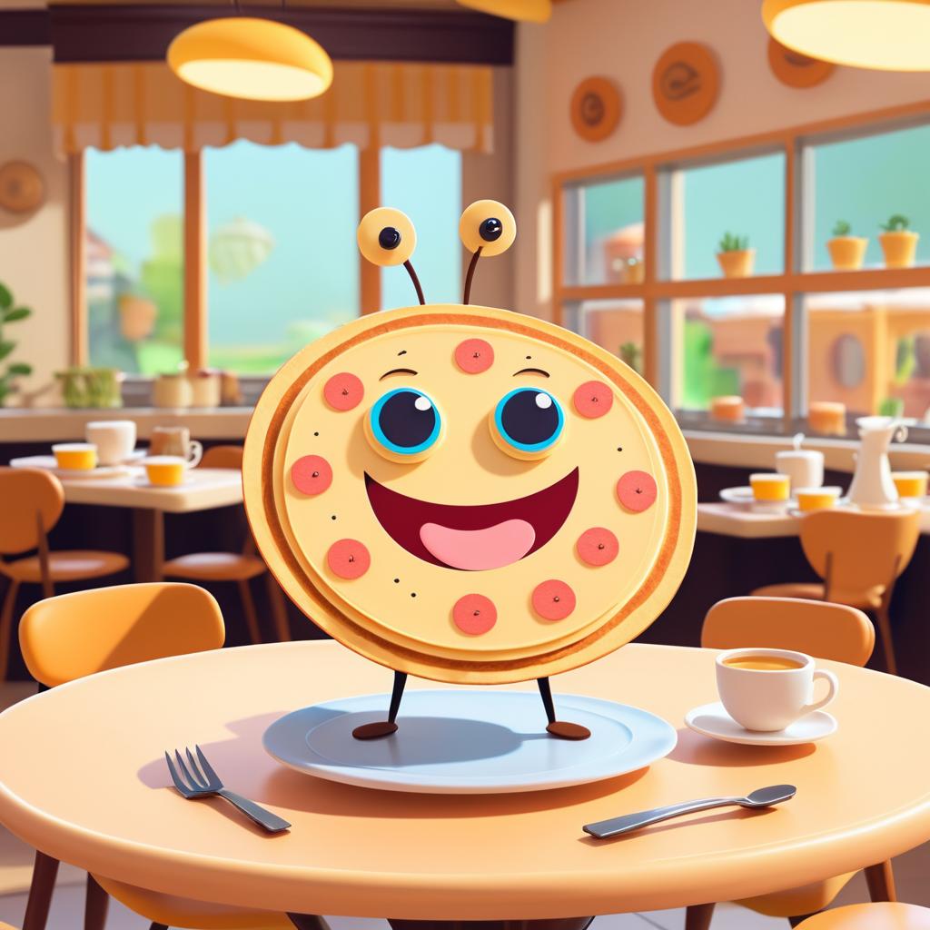 Whimsical Pancake Character in Café