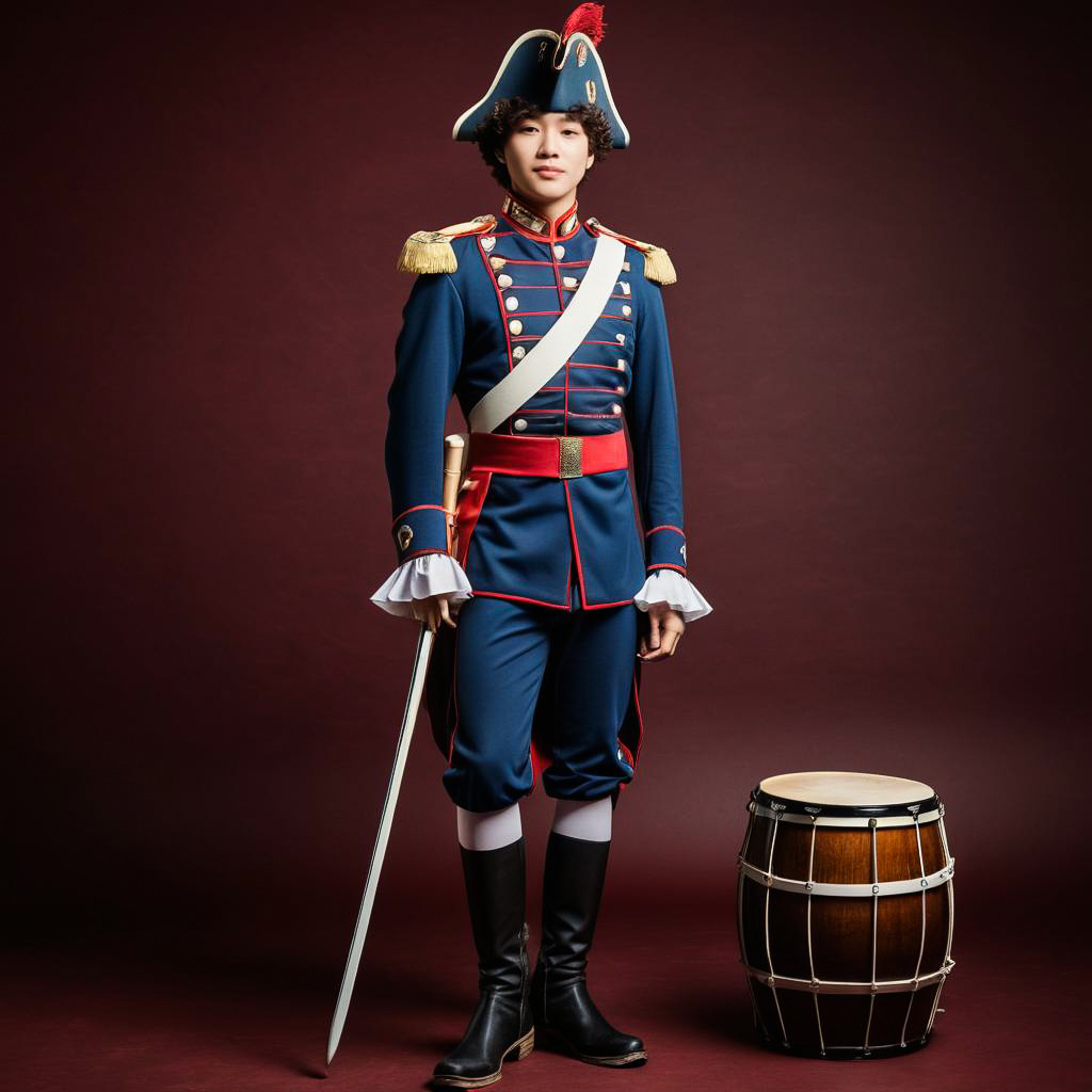 Amused Drummer Boy in Vintage Uniform