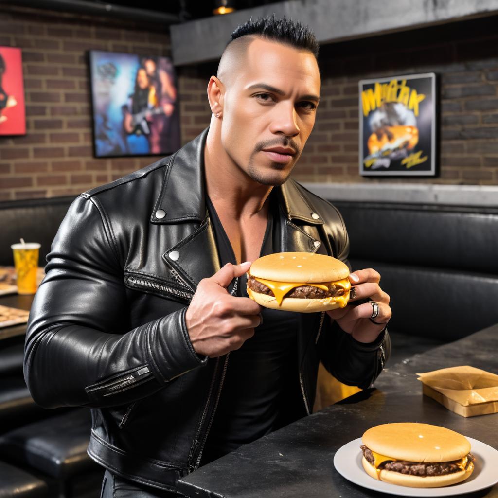 Muscular Rock Guitarist Enjoying a Cheeseburger