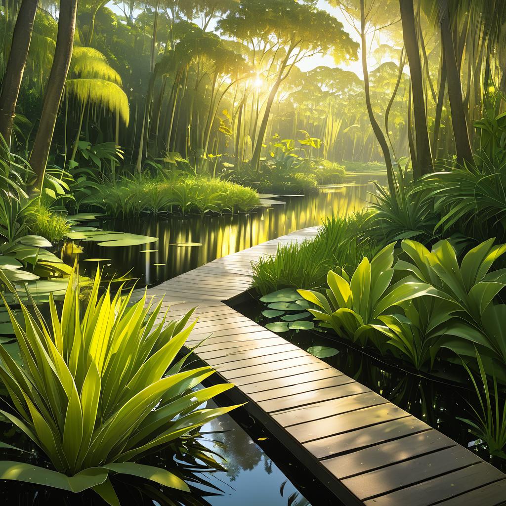 Serene Wetland Boardwalk at Golden Hour