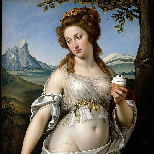 Neoclassical painting of a fair-skinned, curvy woman with brown hair, wearing a translucent white dress, holding a cupcake with red